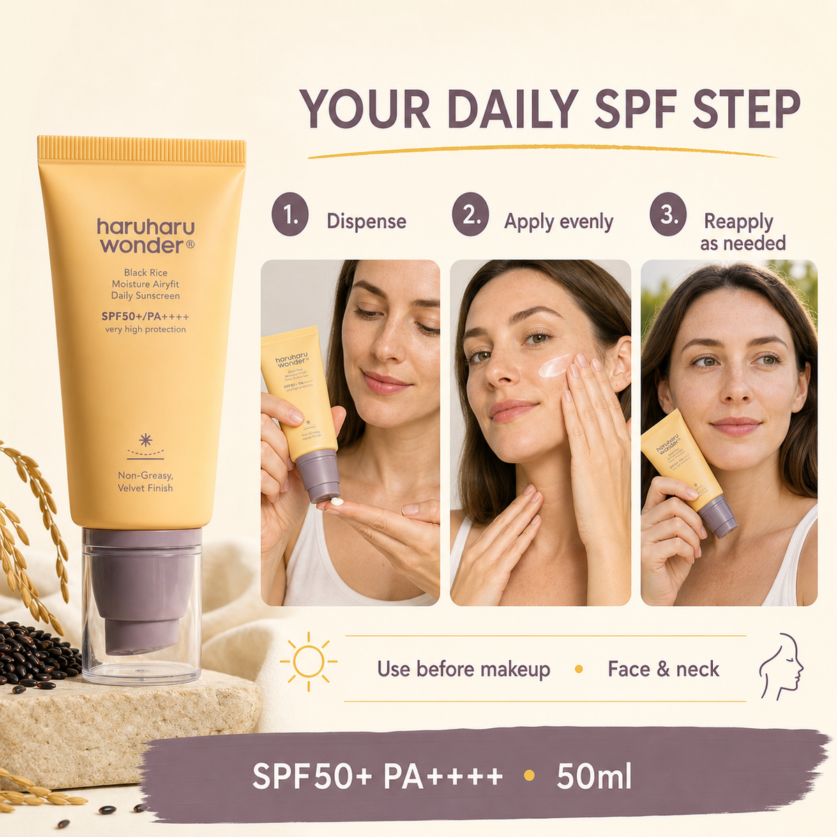 Haruharu Wonder Moisture Sunscreen SPF50+ PA++++ 50ml, daily face cream