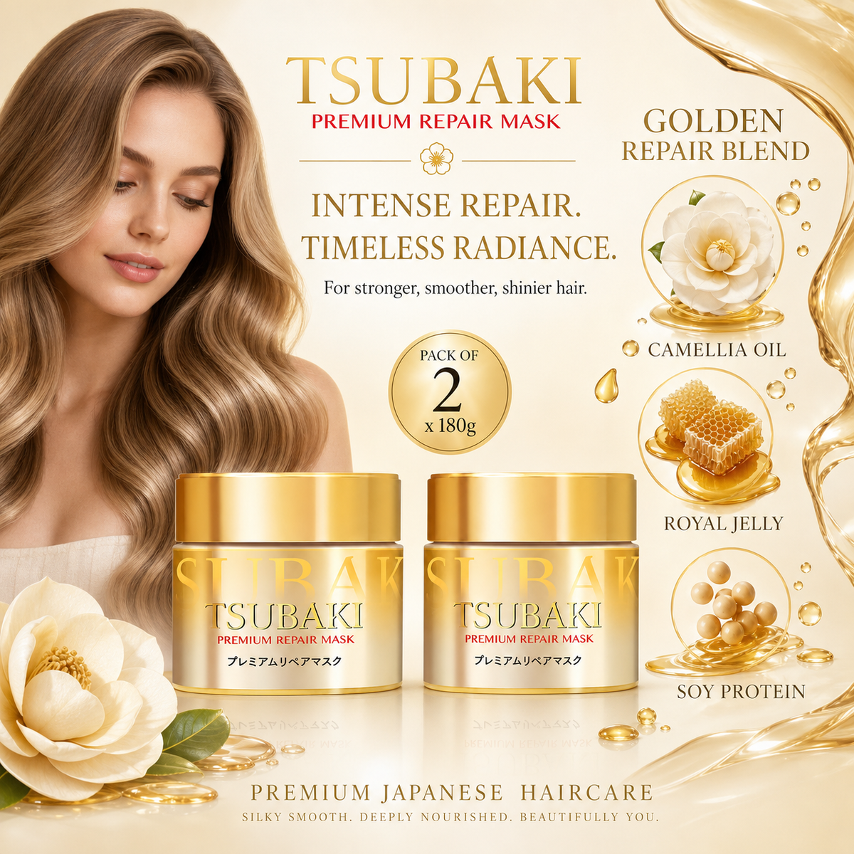 Tsubaki Premium EX Hair Mask 180g x2–0-Second Repair, Camellia Oil + Royal Jelly