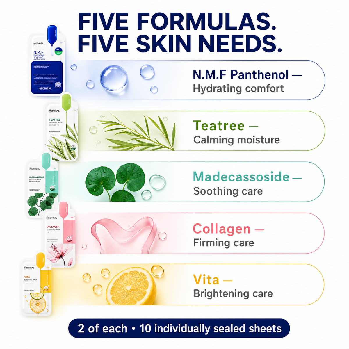 Mediheal 10Pcs Variety Mask Pack – N.M.F, Tea Tree, Collagen Care