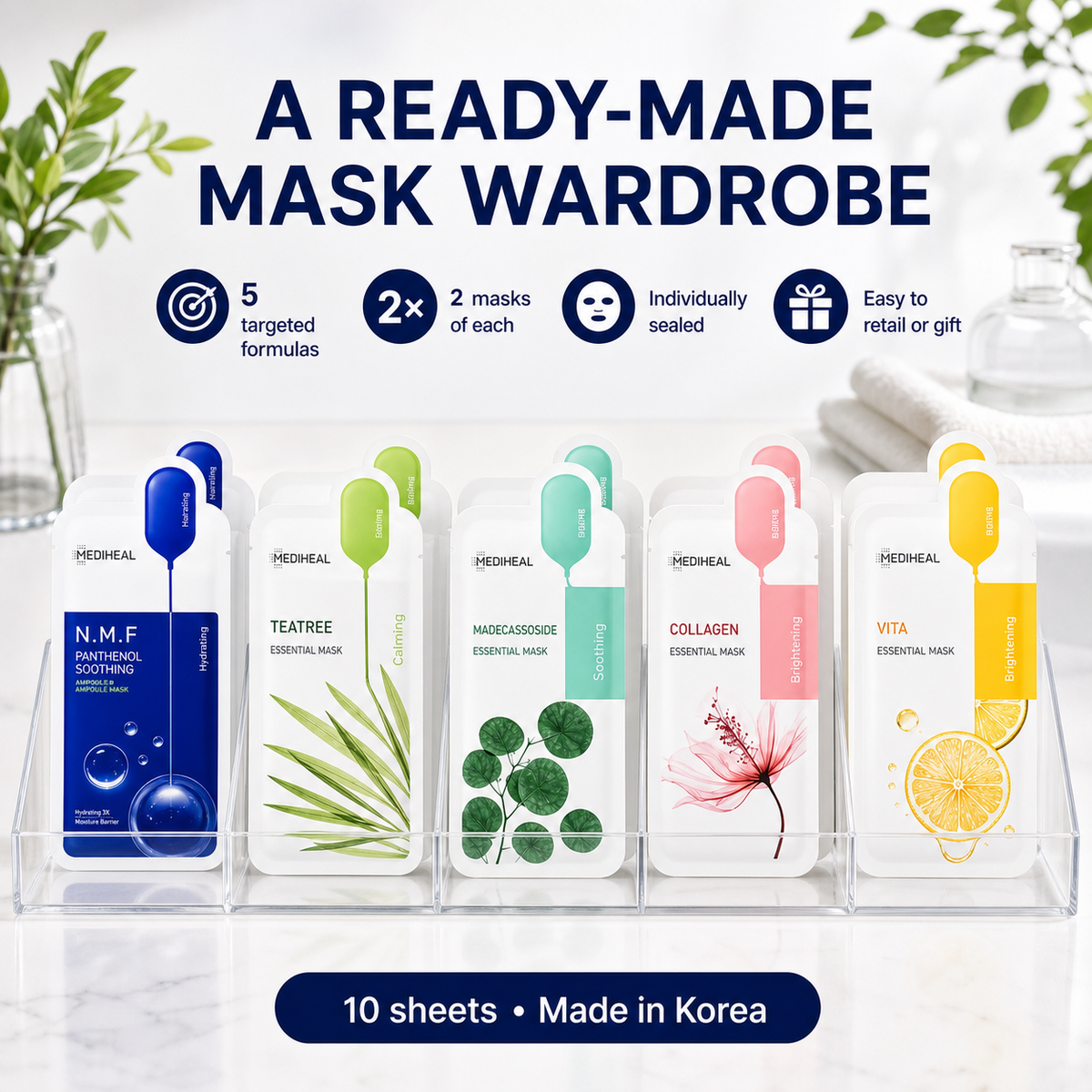 Mediheal 10Pcs Variety Mask Pack – N.M.F, Tea Tree, Collagen Care