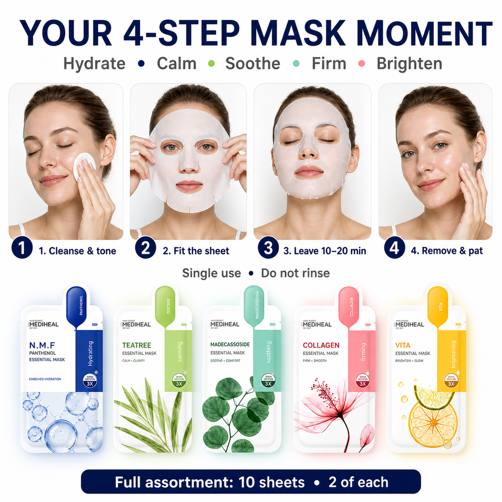 Mediheal 10Pcs Variety Mask Pack – N.M.F, Tea Tree, Collagen Care