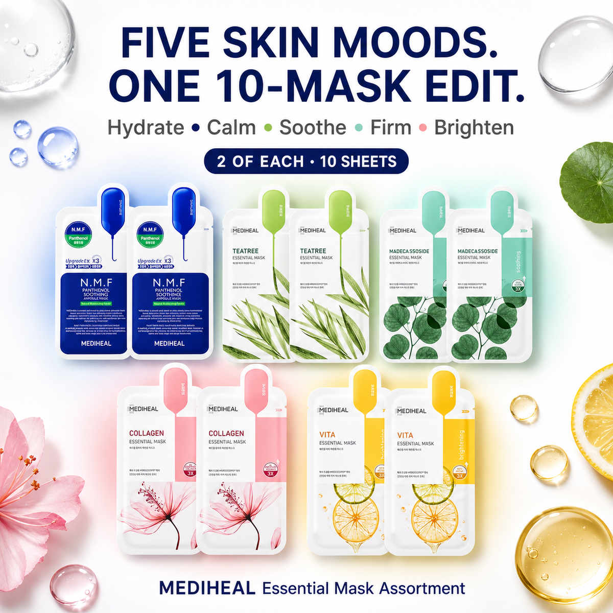 Mediheal 10Pcs Variety Mask Pack – N.M.F, Tea Tree, Collagen Care