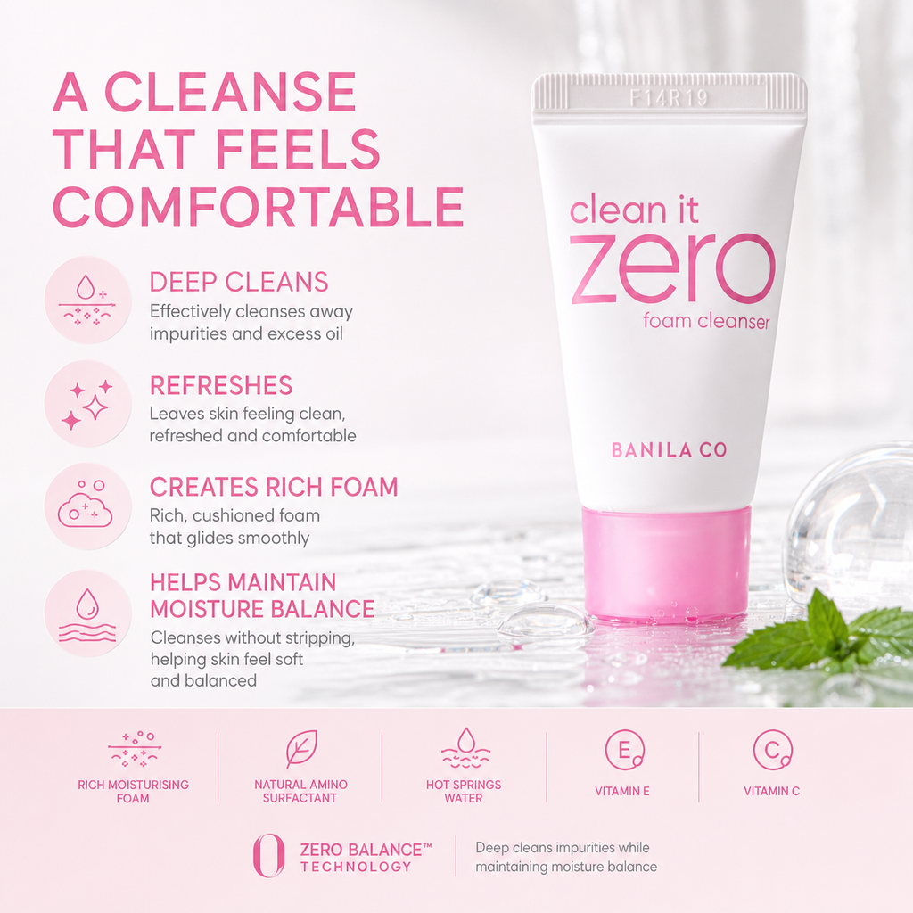 BANILA CO Zero Foam Cleanser 30ml Travel Size – Creamy Mousse-to-Foam Texture