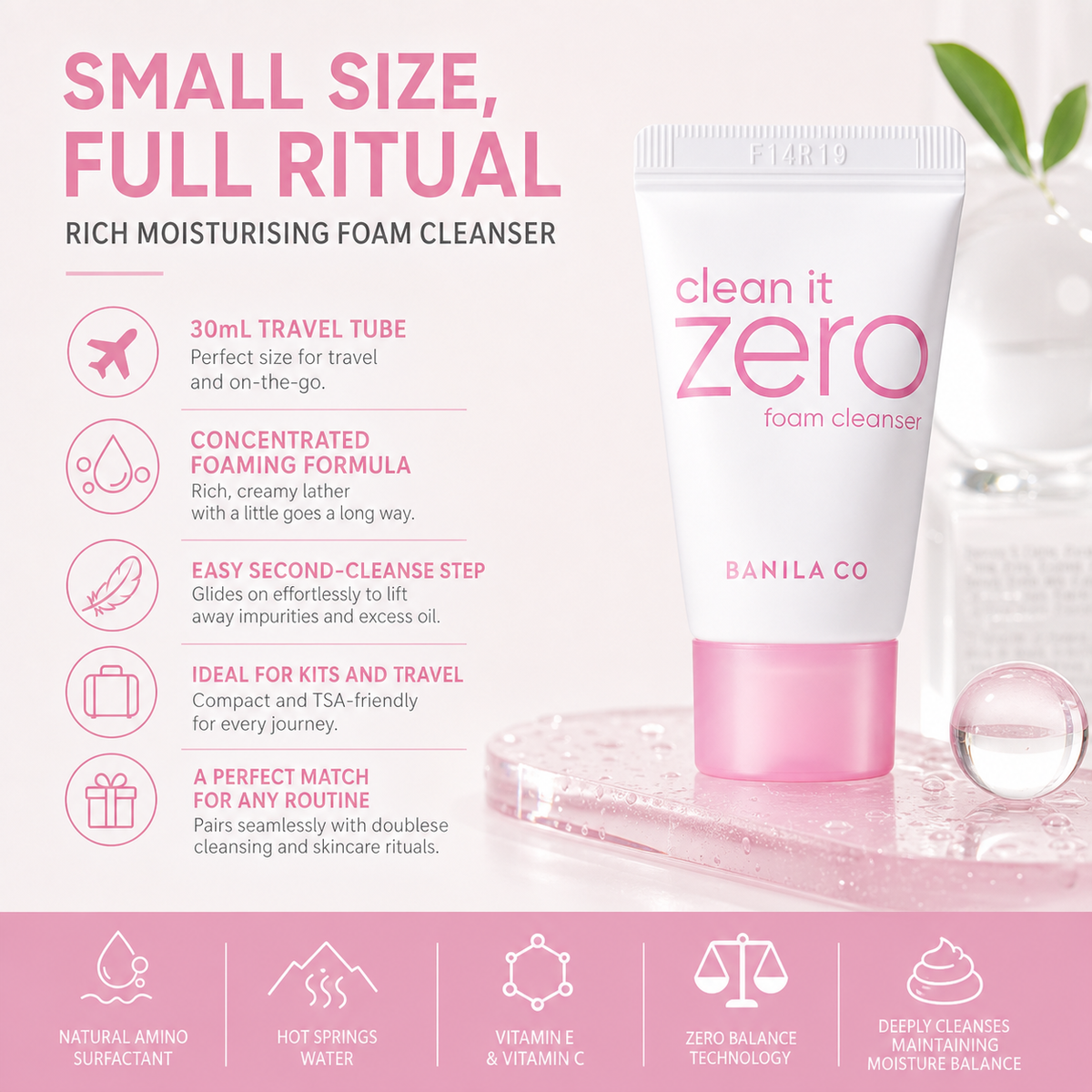 BANILA CO Zero Foam Cleanser 30ml Travel Size – Creamy Mousse-to-Foam Texture
