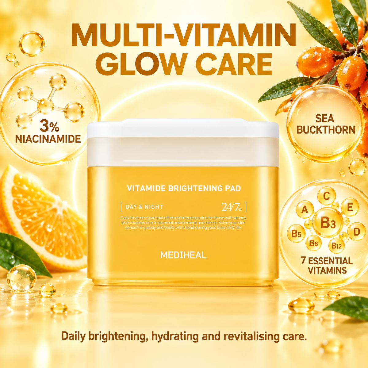 Mediheal Vitamide Brightening Pads 100CT-Reduces Dullness & Sallow Tone
