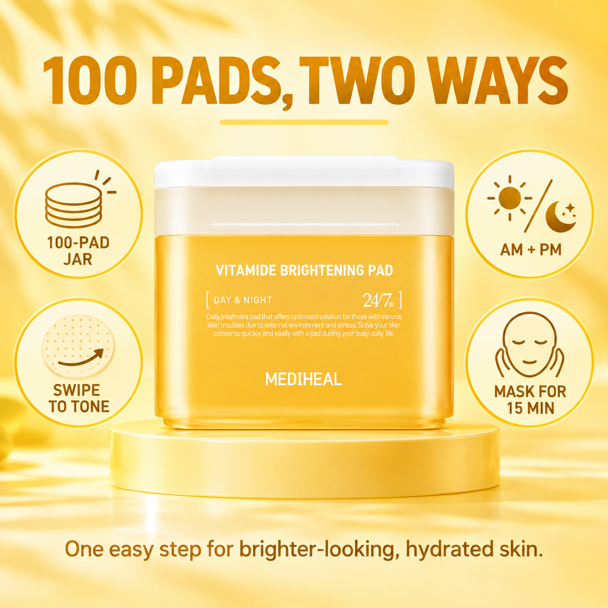 Mediheal Vitamide Brightening Pads 100CT-Reduces Dullness & Sallow Tone