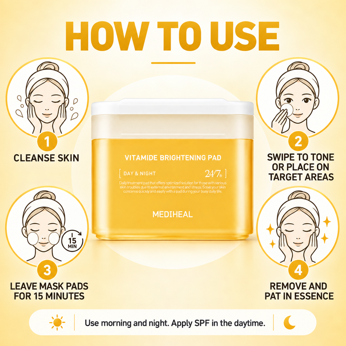Mediheal Vitamide Brightening Pads 100CT-Reduces Dullness & Sallow Tone