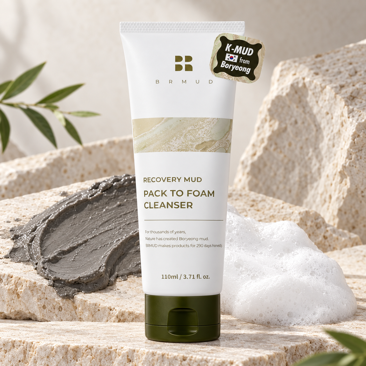 BRMUD Recovery Mud Cleanser 110ml, pack to foam daily face wash for all