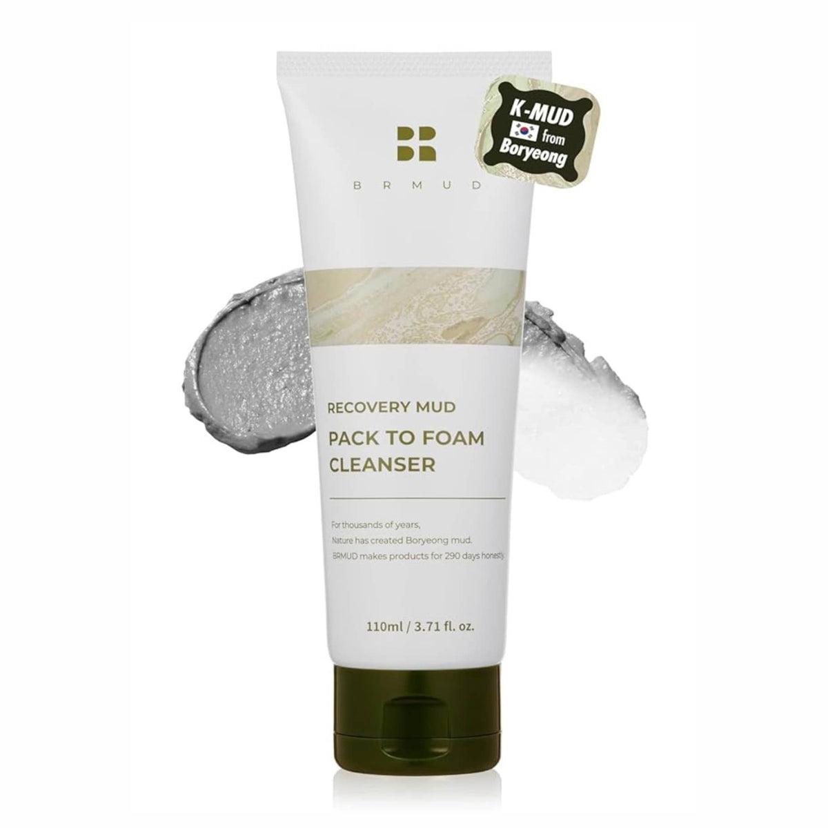 BRMUD Recovery Mud Cleanser 110ml, pack to foam daily face wash for all