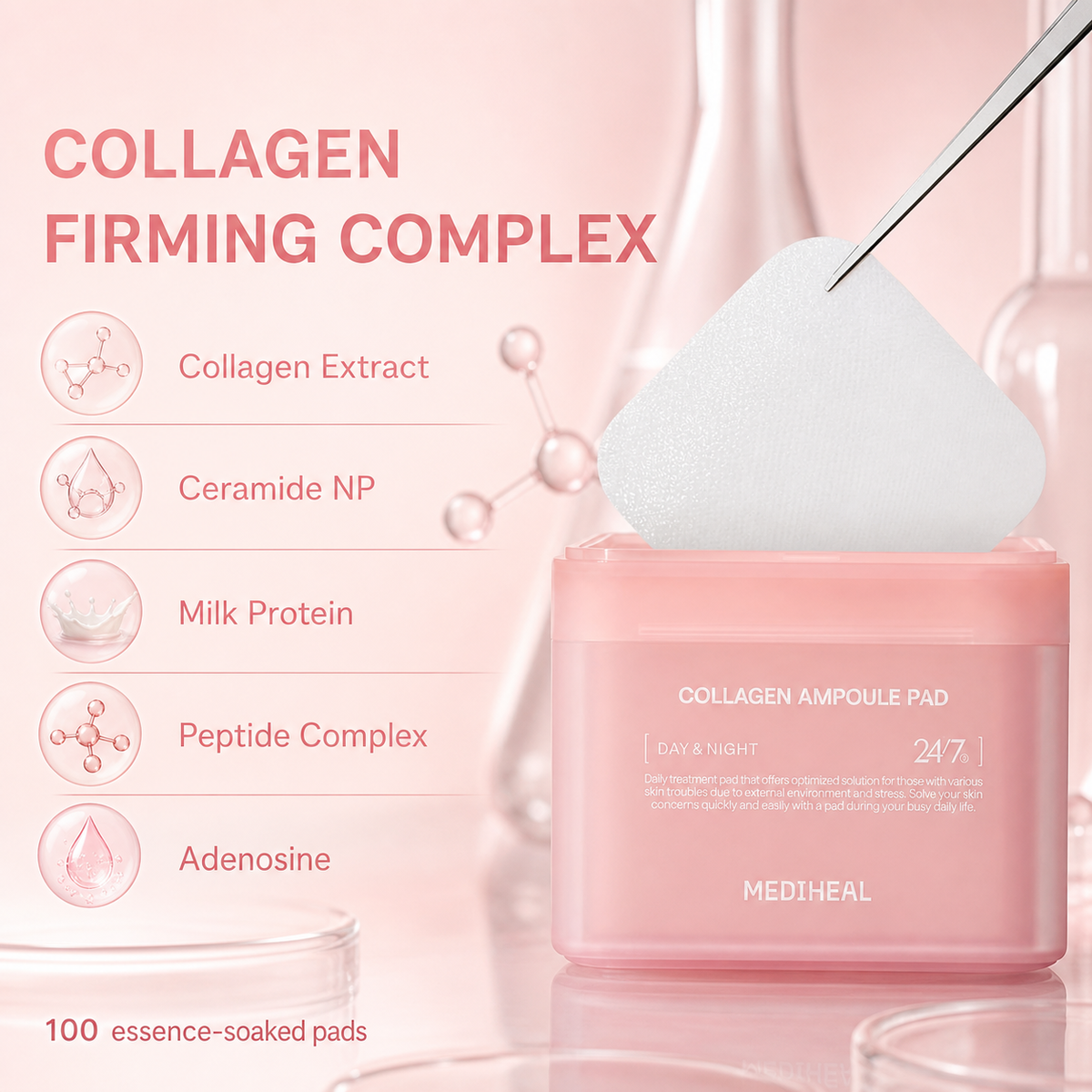 Mediheal Collagen Boost Pad 100pcs, pink firming essence toner sheets