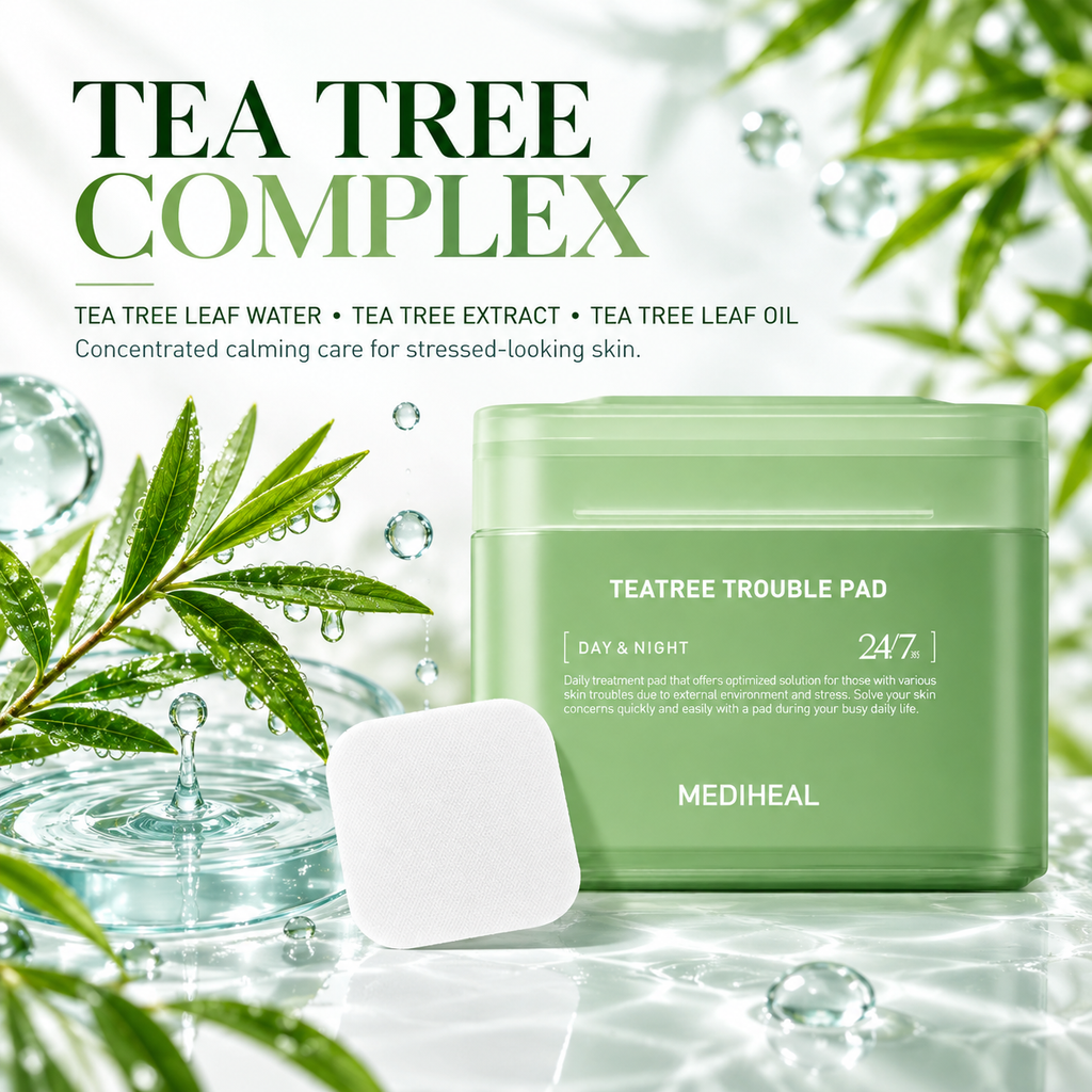 MEDIHEAL Teatree Trouble Pad – 100 Sheets, green soothing toner wipes for acne