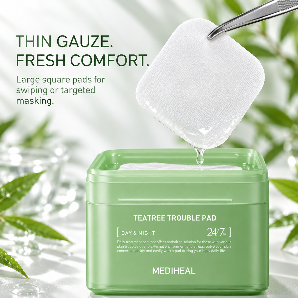 MEDIHEAL Teatree Trouble Pad – 100 Sheets, green soothing toner wipes for acne
