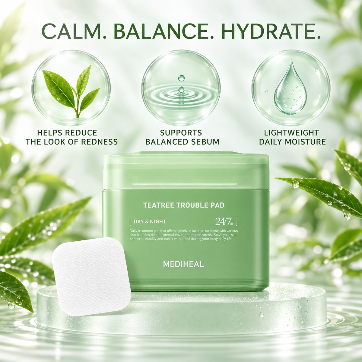 MEDIHEAL Teatree Trouble Pad – 100 Sheets, green soothing toner wipes for acne