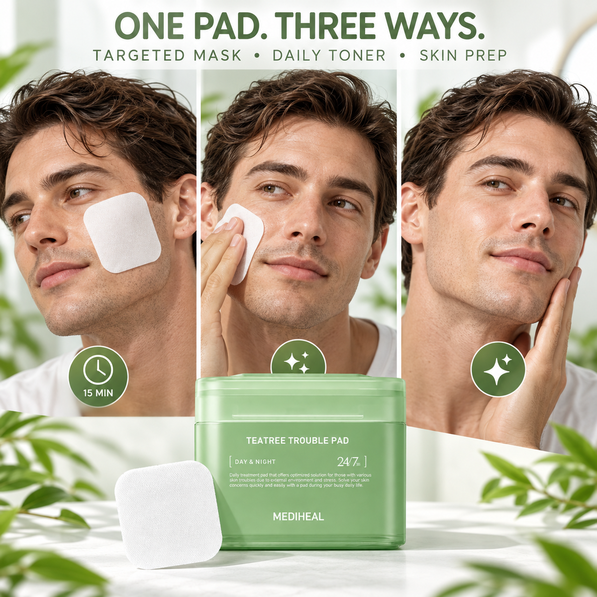 MEDIHEAL Teatree Trouble Pad – 100 Sheets, green soothing toner wipes for acne