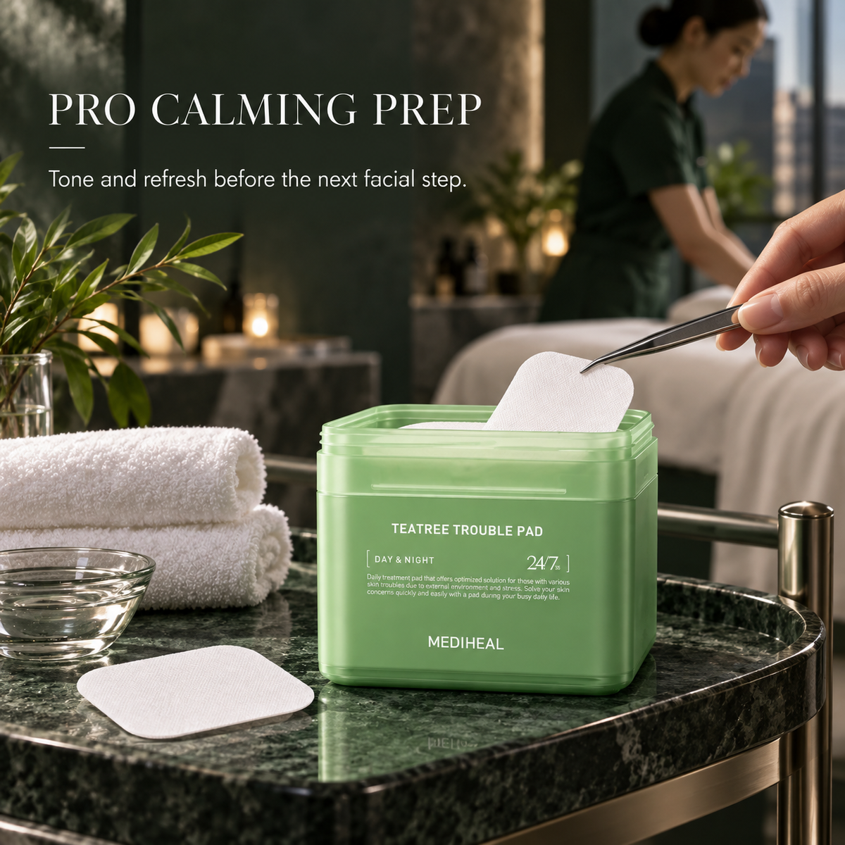 MEDIHEAL Teatree Trouble Pad – 100 Sheets, green soothing toner wipes for acne