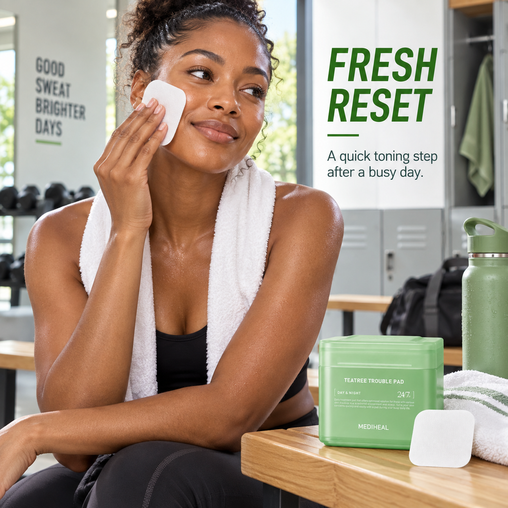 MEDIHEAL Teatree Trouble Pad – 100 Sheets, green soothing toner wipes for acne