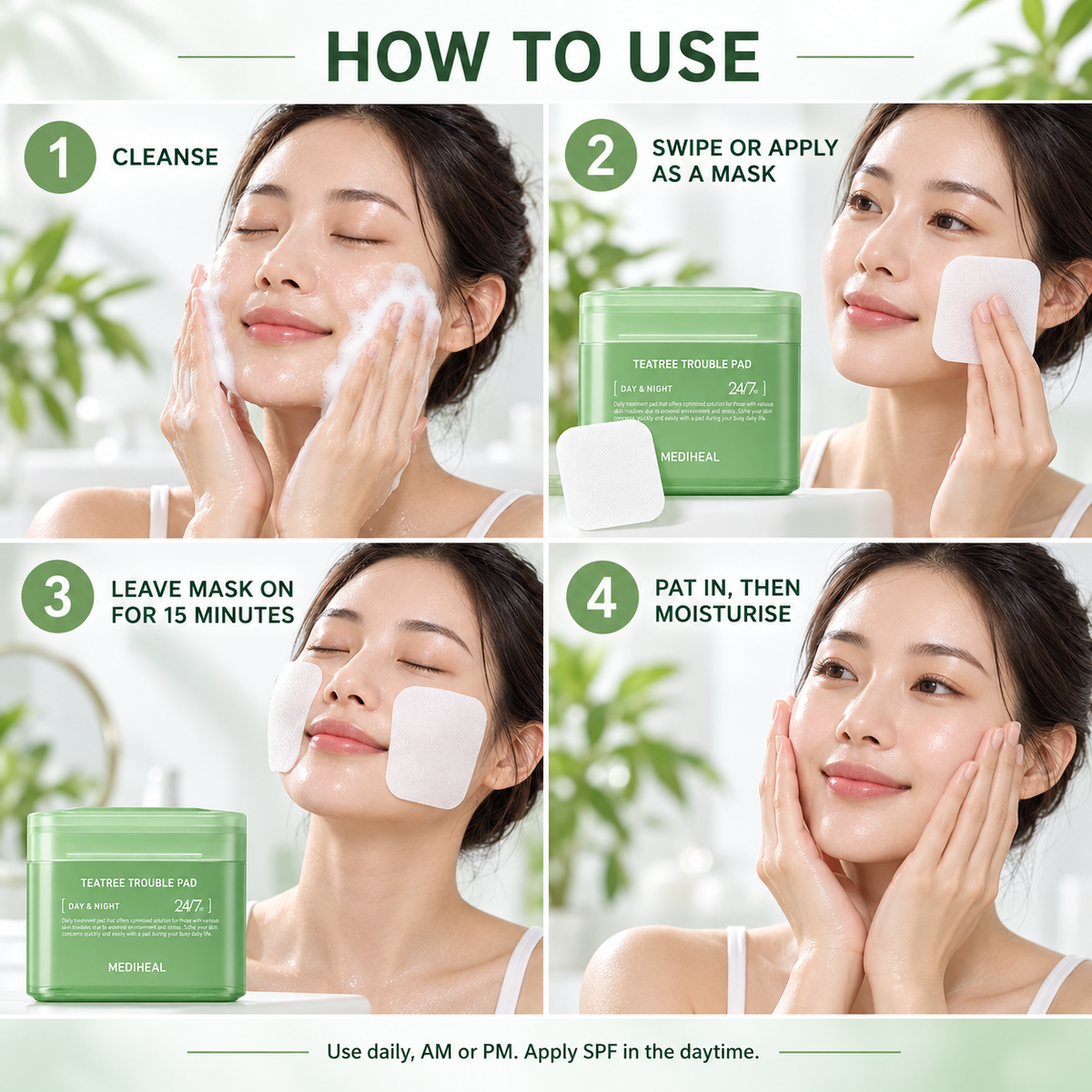 MEDIHEAL Teatree Trouble Pad – 100 Sheets, green soothing toner wipes for acne