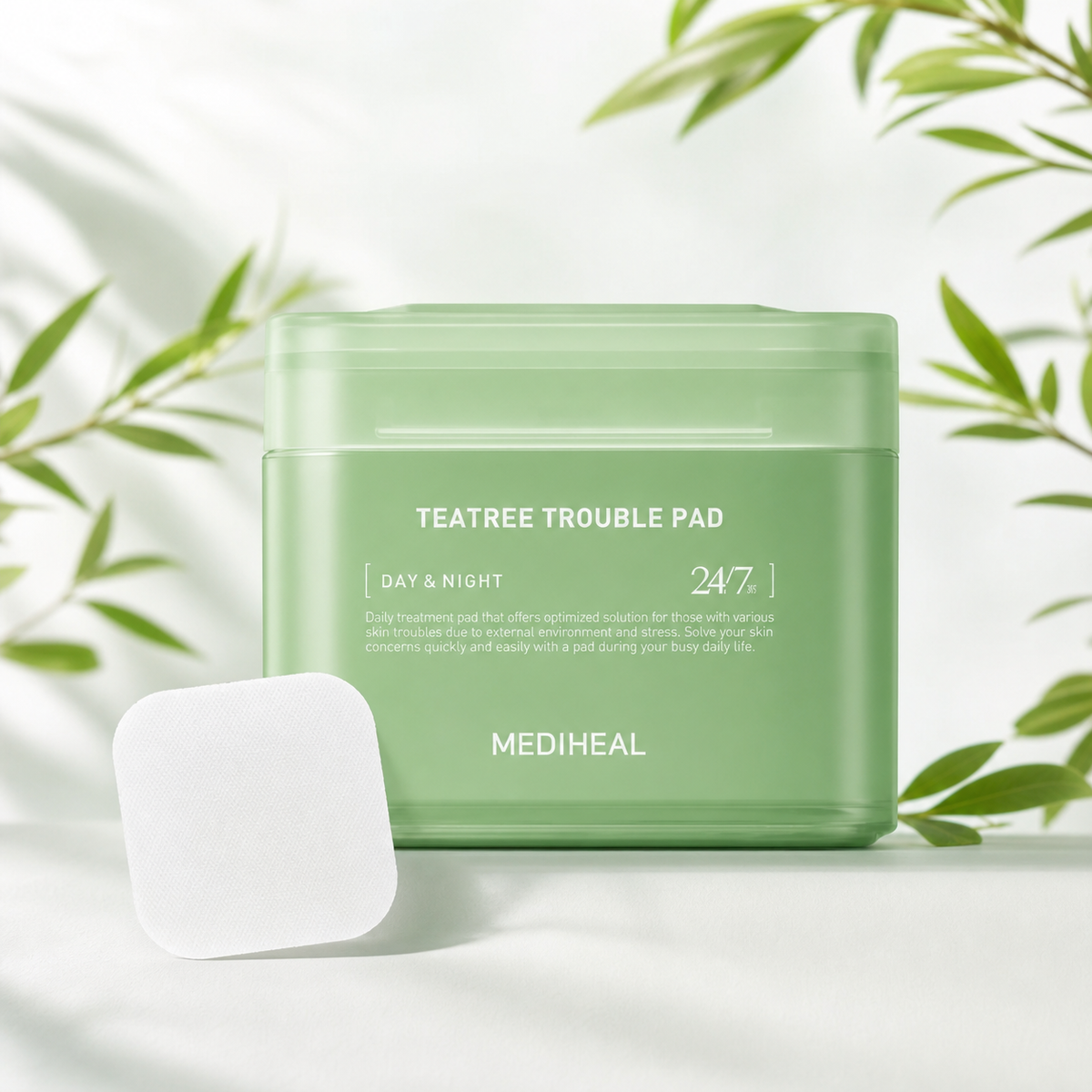 MEDIHEAL Teatree Trouble Pad – 100 Sheets, green soothing toner wipes for acne
