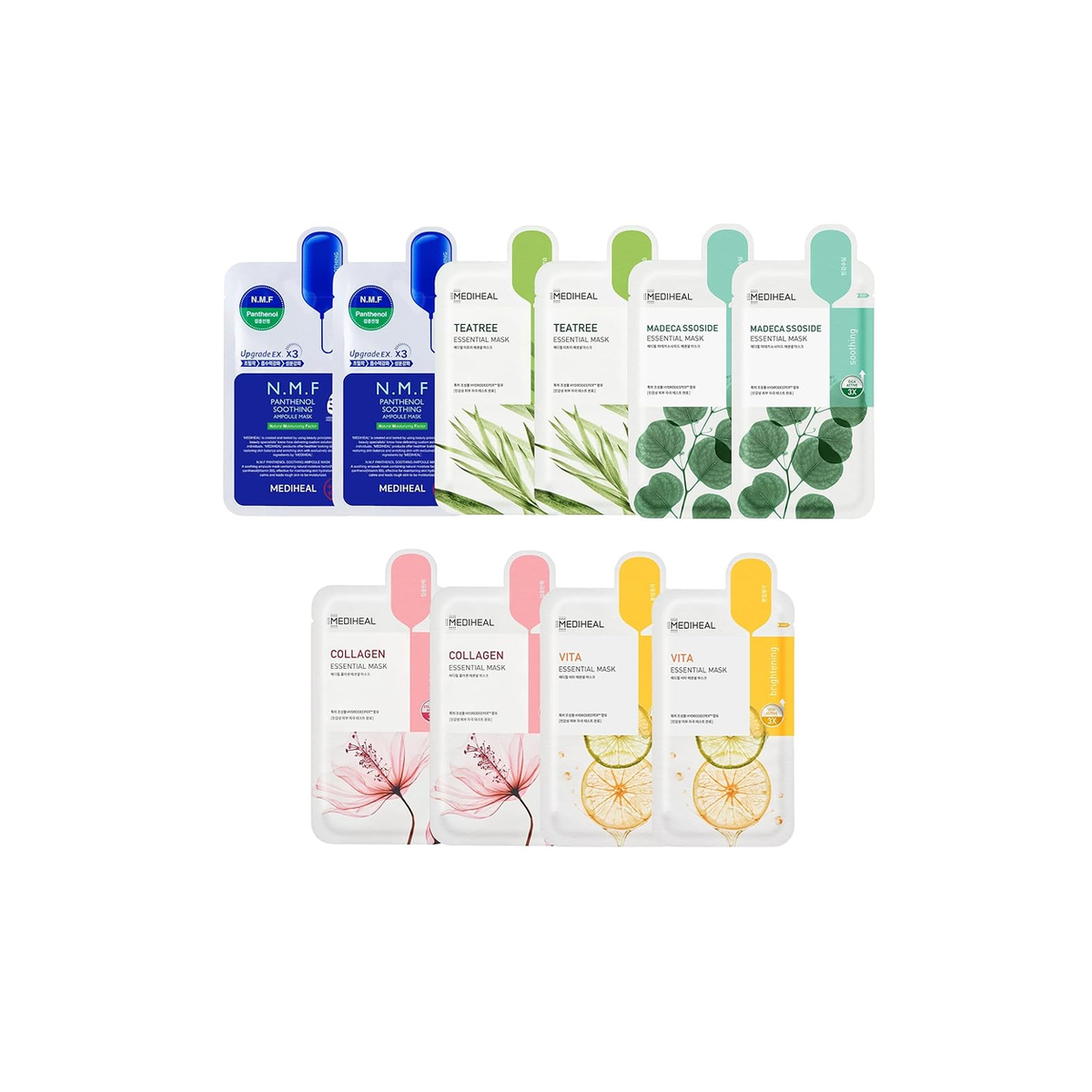 Mediheal 10Pcs Variety Mask Pack – N.M.F, Tea Tree, Collagen Care