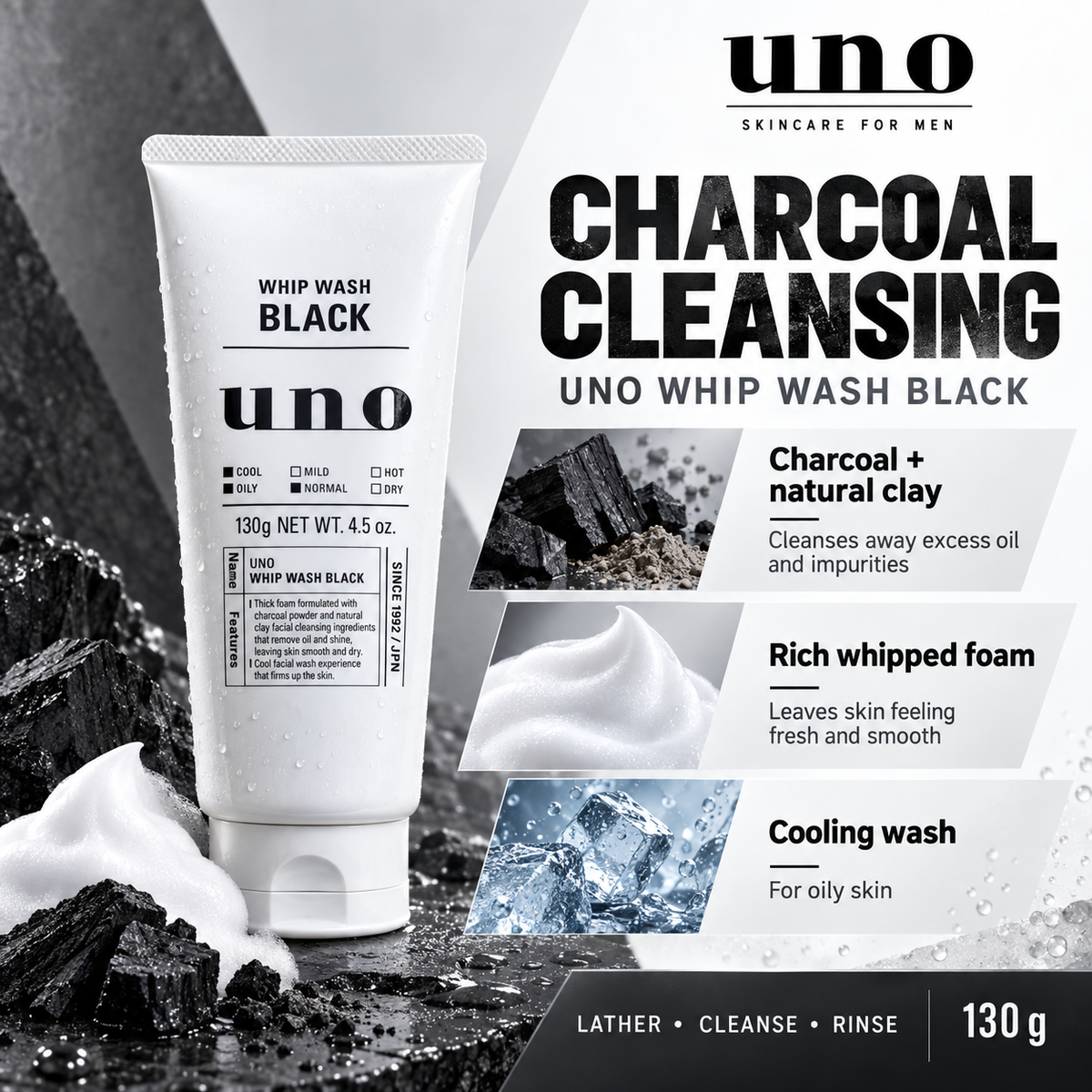 UNO Whip Wash Black Facial Cleanser 130g