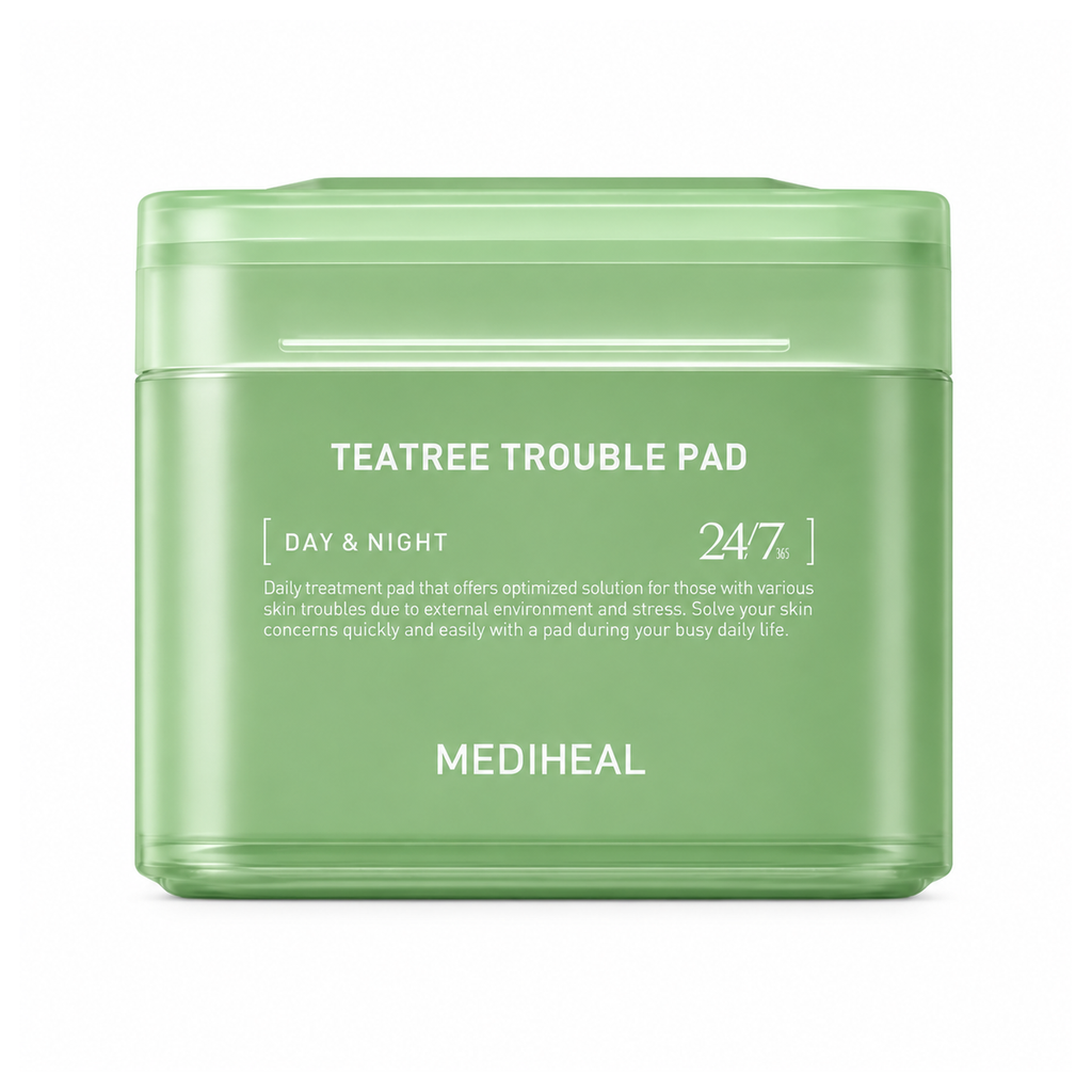 MEDIHEAL Teatree Trouble Pad – 100 Sheets, green soothing toner wipes for acne