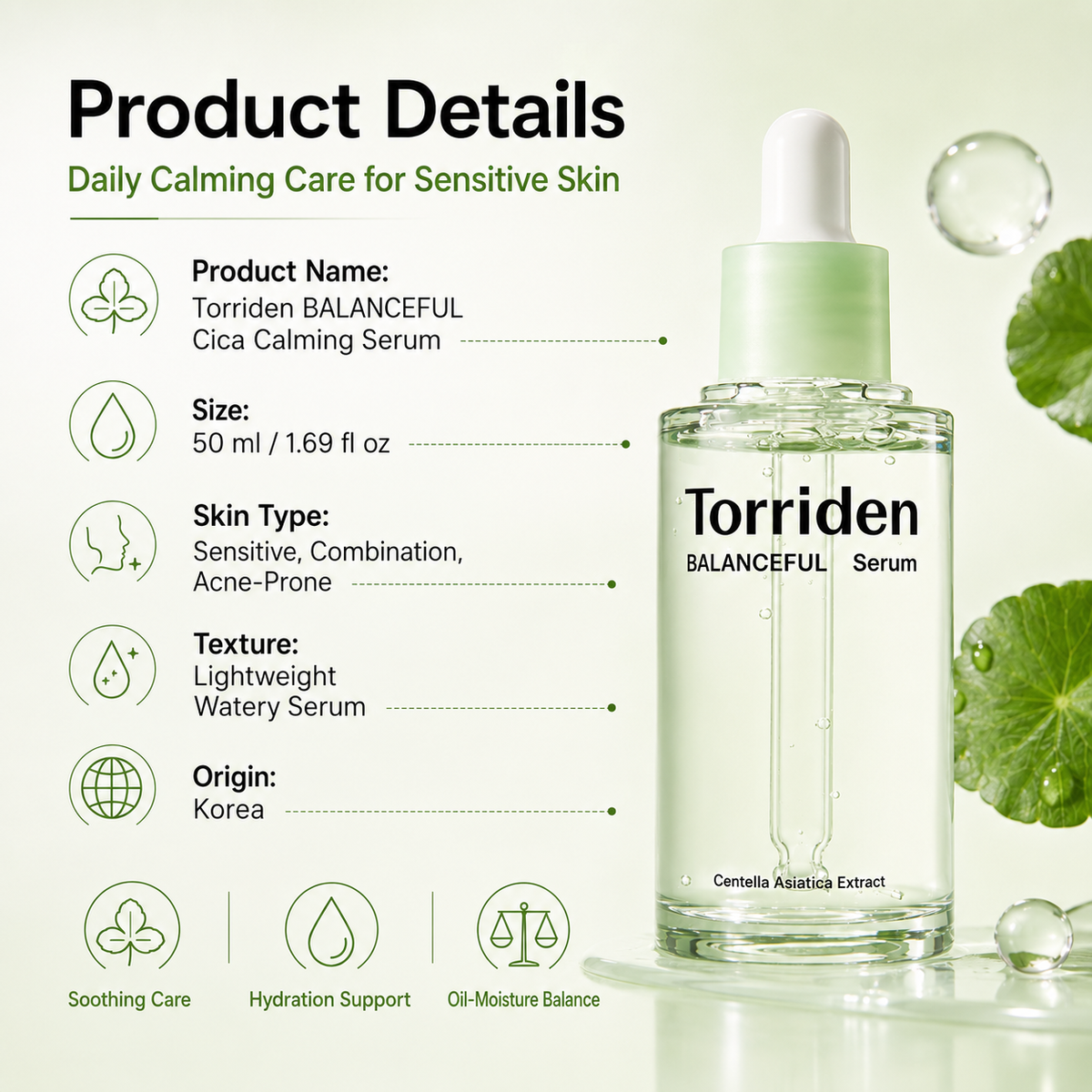 Torriden Cica Serum 50ml, soothing K-beauty essence for sensitive skin