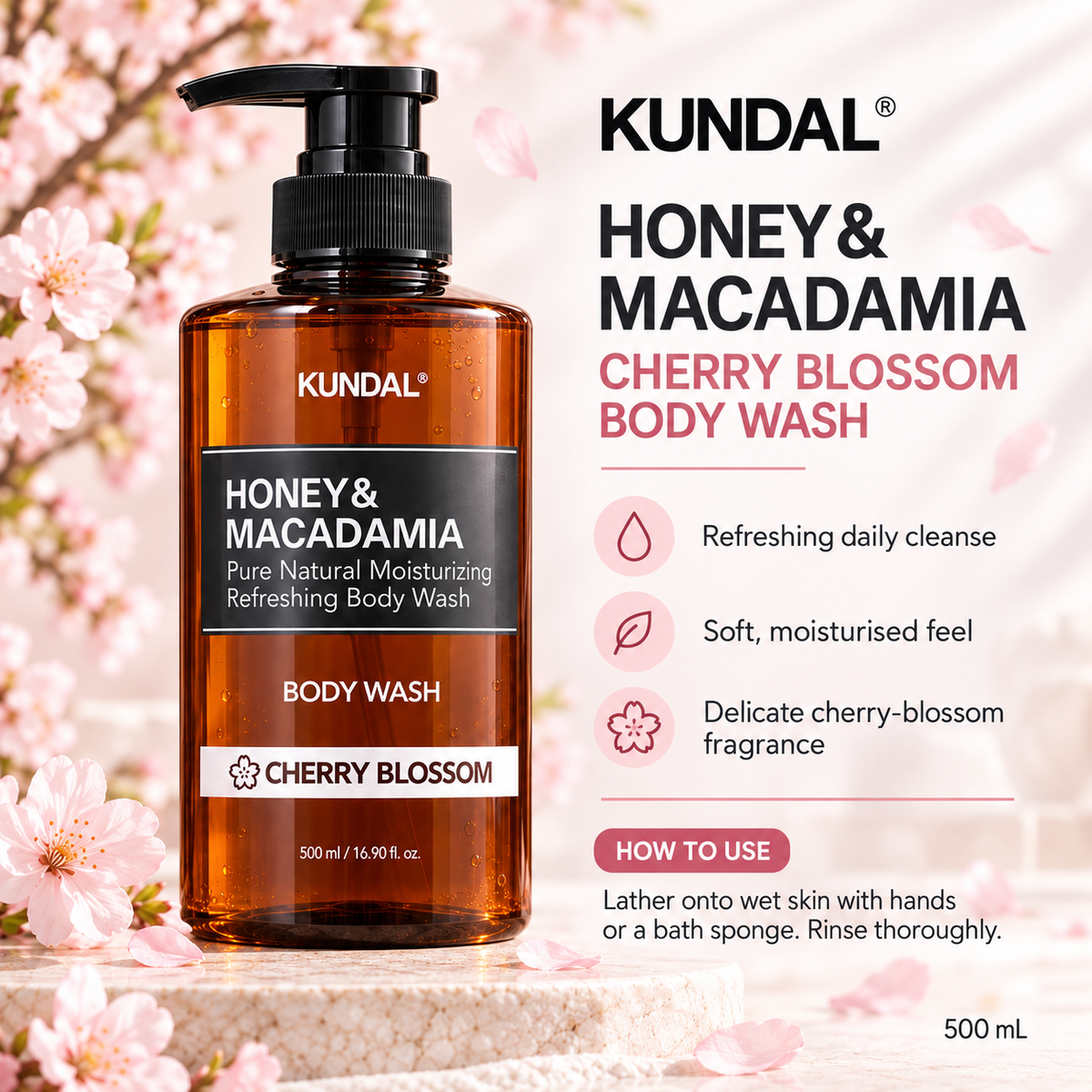 KUNDAL Honey & Macadamia Body Wash Cherry Blossom 500ml